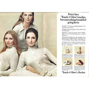 Touch and glow Revlon Makeup Advertisement 1970s 2 Page Ad Vintage Print Ad 9in